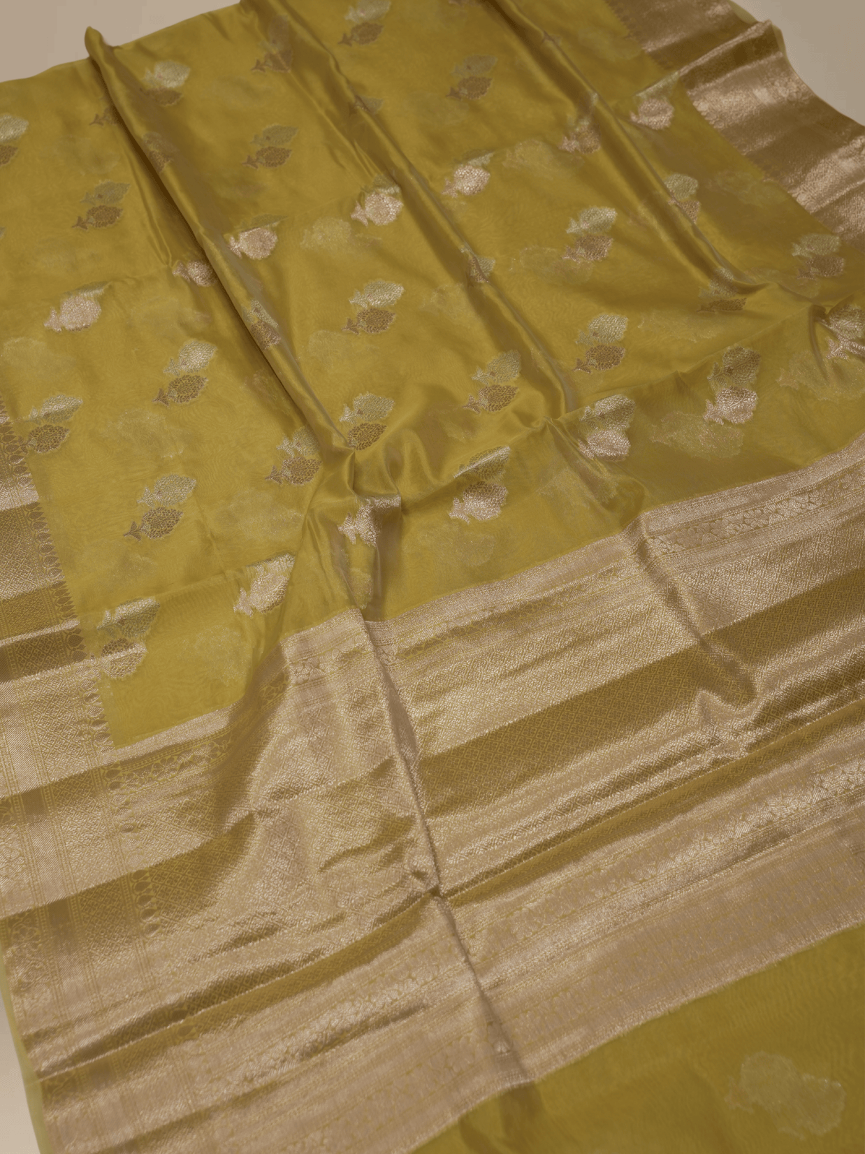 Tassar Colour Soft Katan Silk Silver Gold Booti in Rich Look with Tissue Blouse