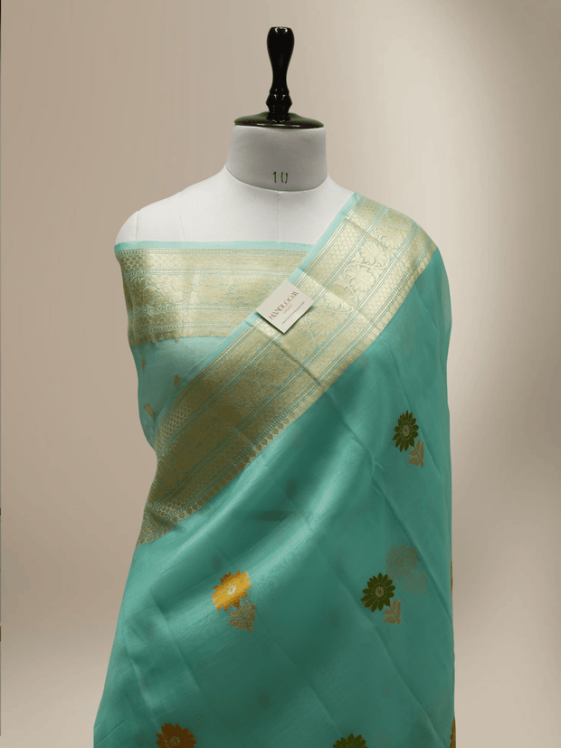 Light Firozi Colour Pure Kadwa Kora Silk Banarasi Saree with Multi Resham Boota