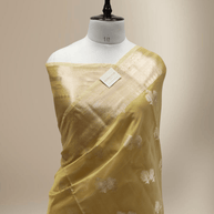 Tassar Colour Soft Katan Silk Silver Gold Booti in Rich Look with Tissue Blouse