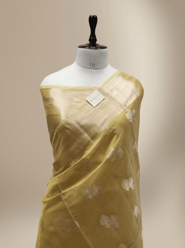 Tassar Colour Soft Katan Silk Silver Gold Booti in Rich Look with Tissue Blouse