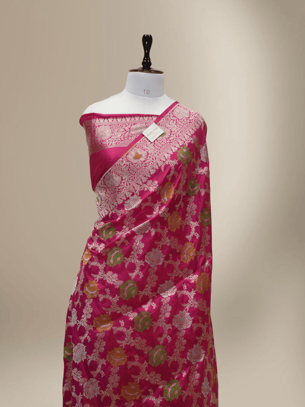 Pure Katan Silk Banarasi Sarees With Multi Colour Mina Work - Rani