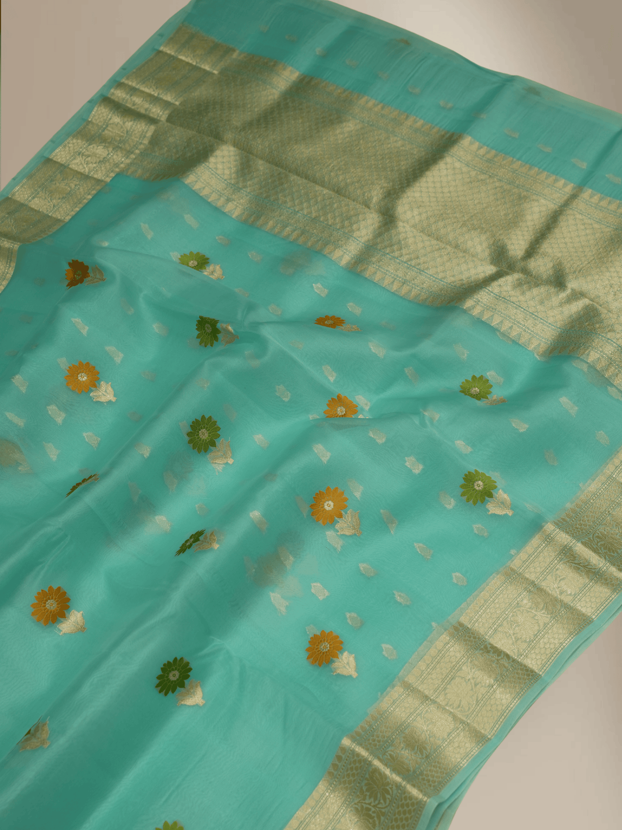 Light Firozi Colour Pure Kadwa Kora Silk Banarasi Saree with Multi Resham Boota