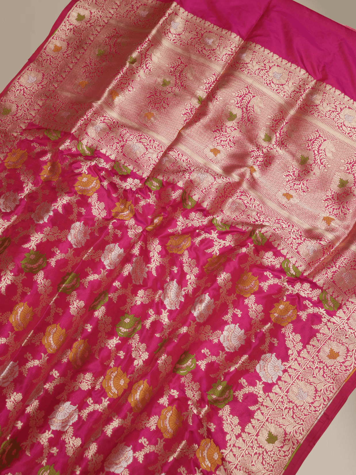 Pure Katan Silk Banarasi Sarees With Multi Colour Mina Work - Rani