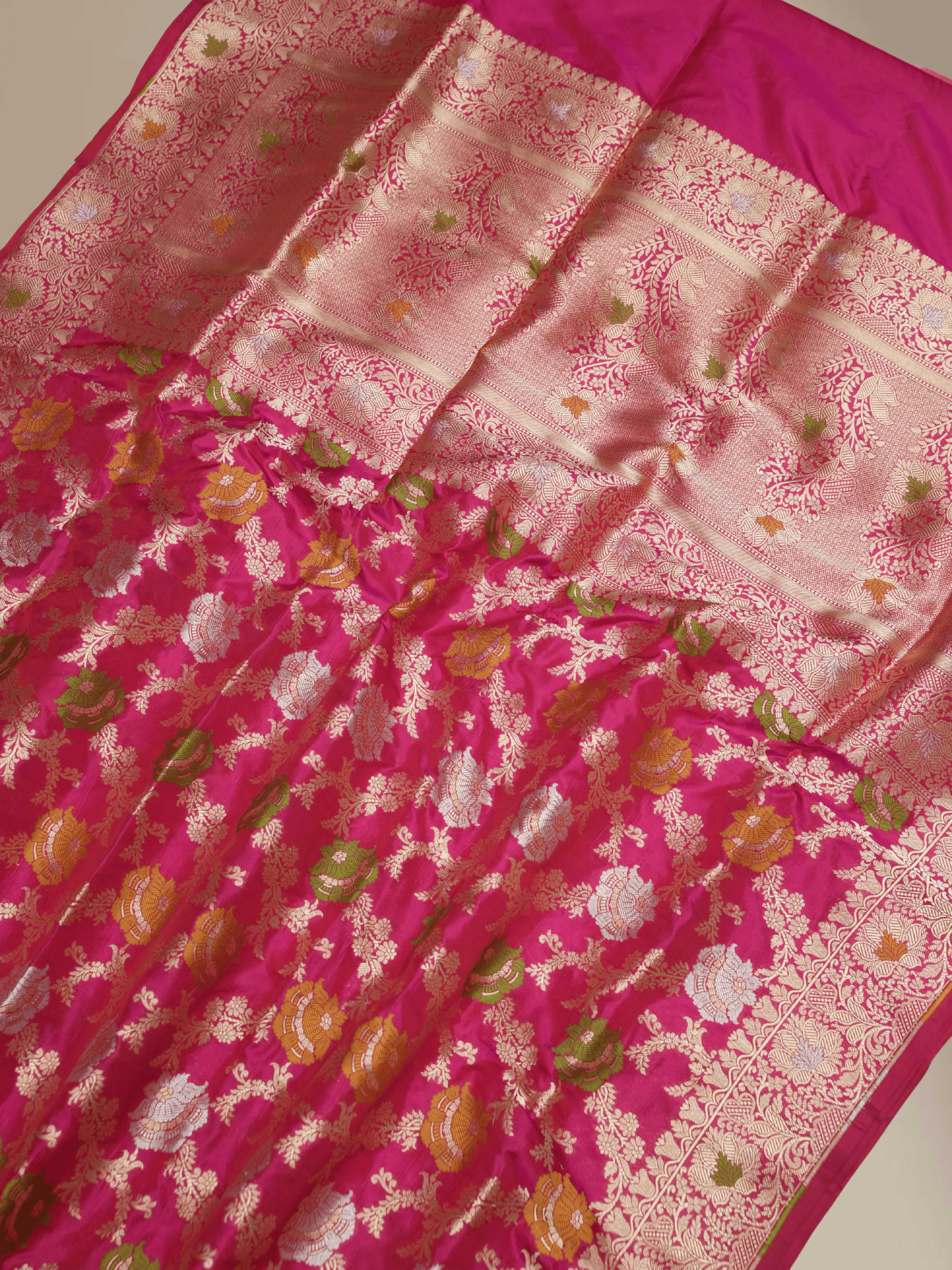 Pure Katan Silk Banarasi Sarees With Multi Colour Mina Work - Rani