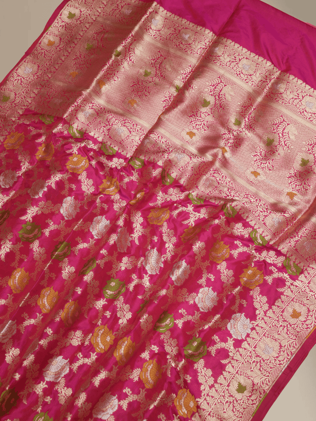 Pure Katan Silk Banarasi Sarees With Multi Colour Mina Work - Rani