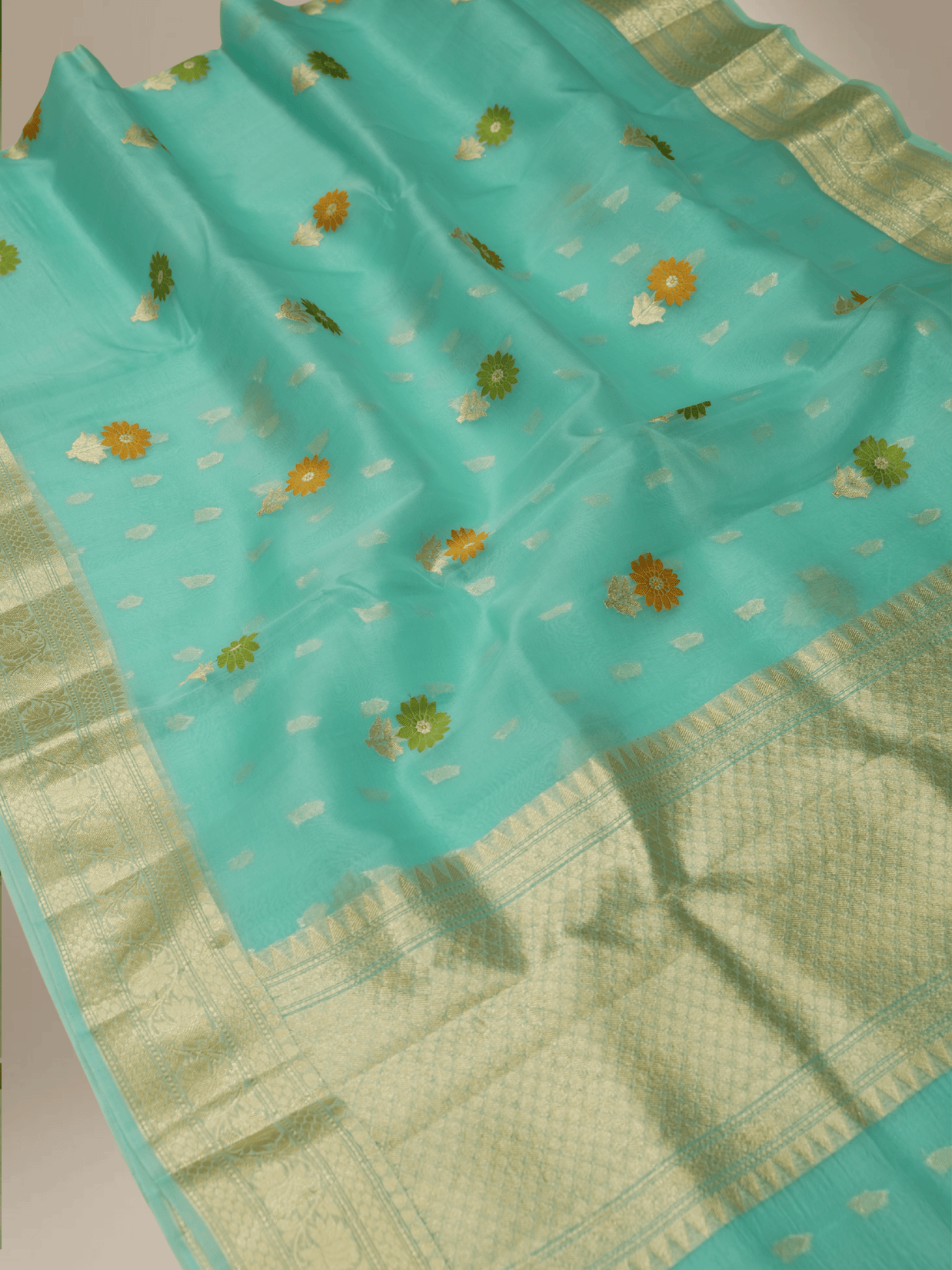 Light Firozi Colour Pure Kadwa Kora Silk Banarasi Saree with Multi Resham Boota