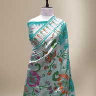Pure Tussar Georgette Brocade Silk Bananasi Saree - Sea Green