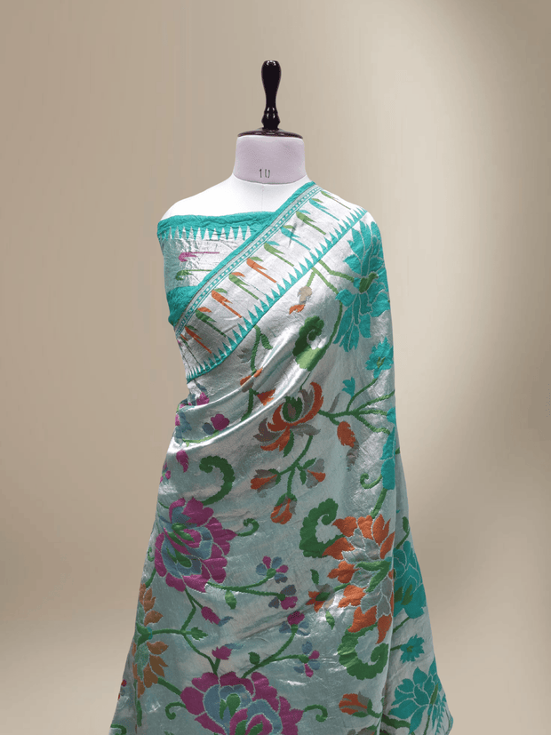 Pure Tussar Georgette Brocade Silk Bananasi Saree - Sea Green