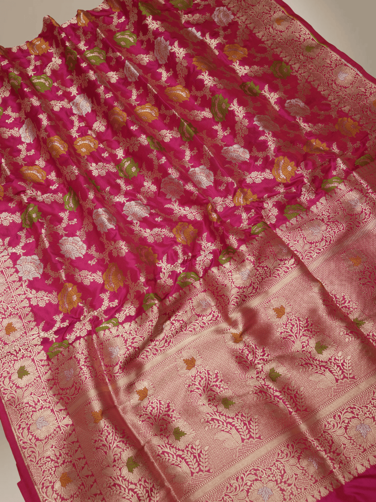 Pure Katan Silk Banarasi Sarees With Multi Colour Mina Work - Rani