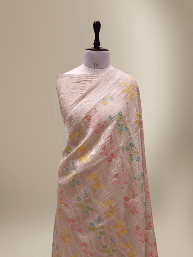 Pure Tussar Georgette Brocade Silk Bananasi Saree - Natural Cream