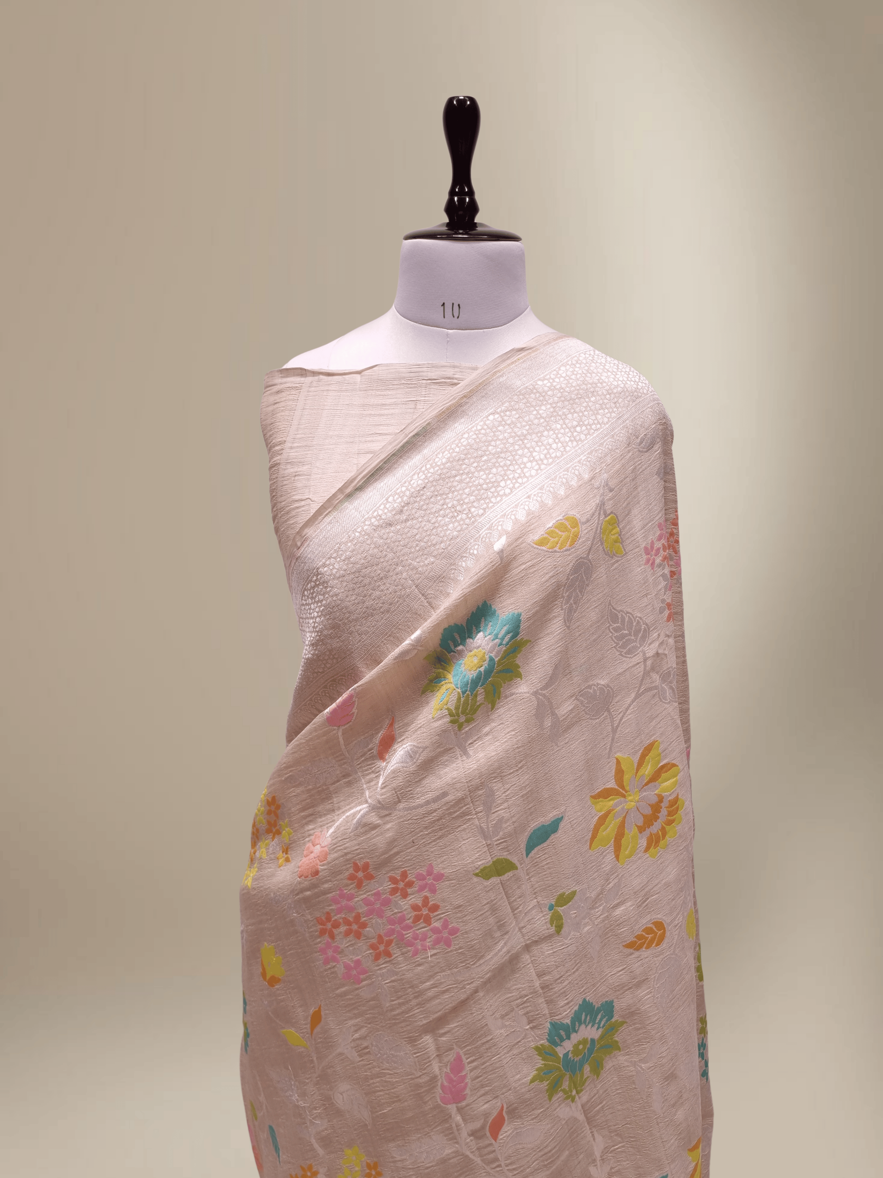 Pure Tussar Georgette Brocade Silk Bananasi Saree - Natural Cream