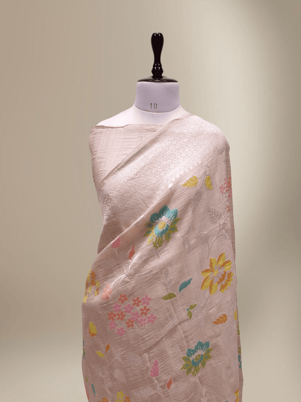 Pure Tussar Georgette Brocade Silk Bananasi Saree - Natural Cream