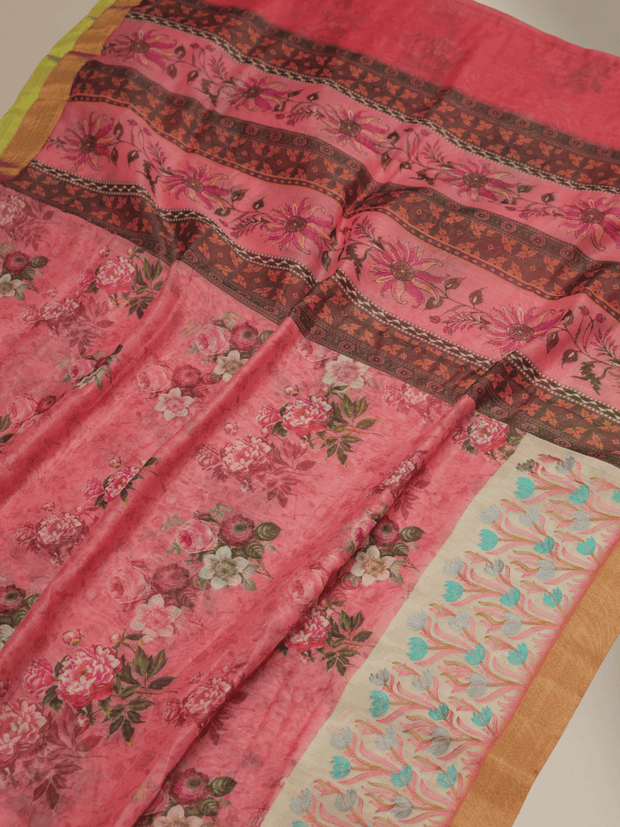 Pink Colour Cotton Digital Print sarees with Skirt Chikankaari work