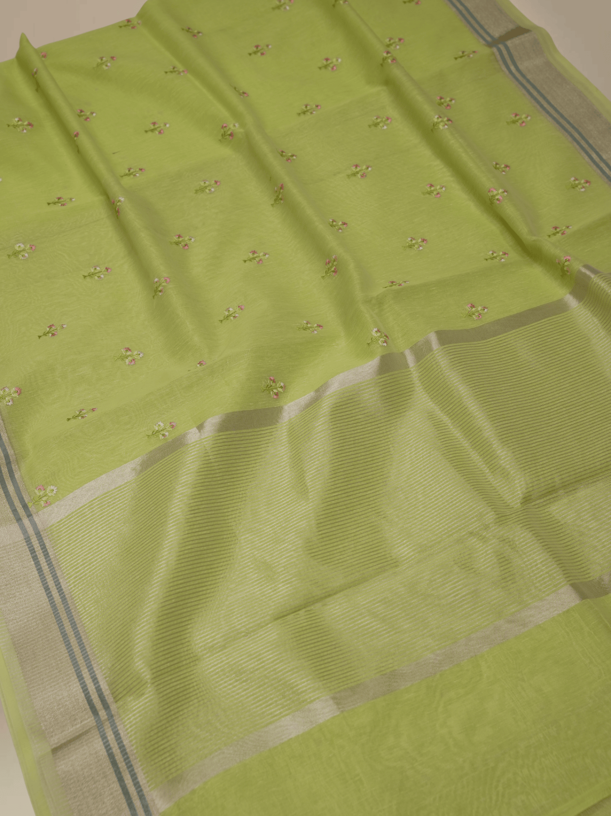 Mehendi Colour Lenin Cotton Fancy Embroidery designs with tissue blouse