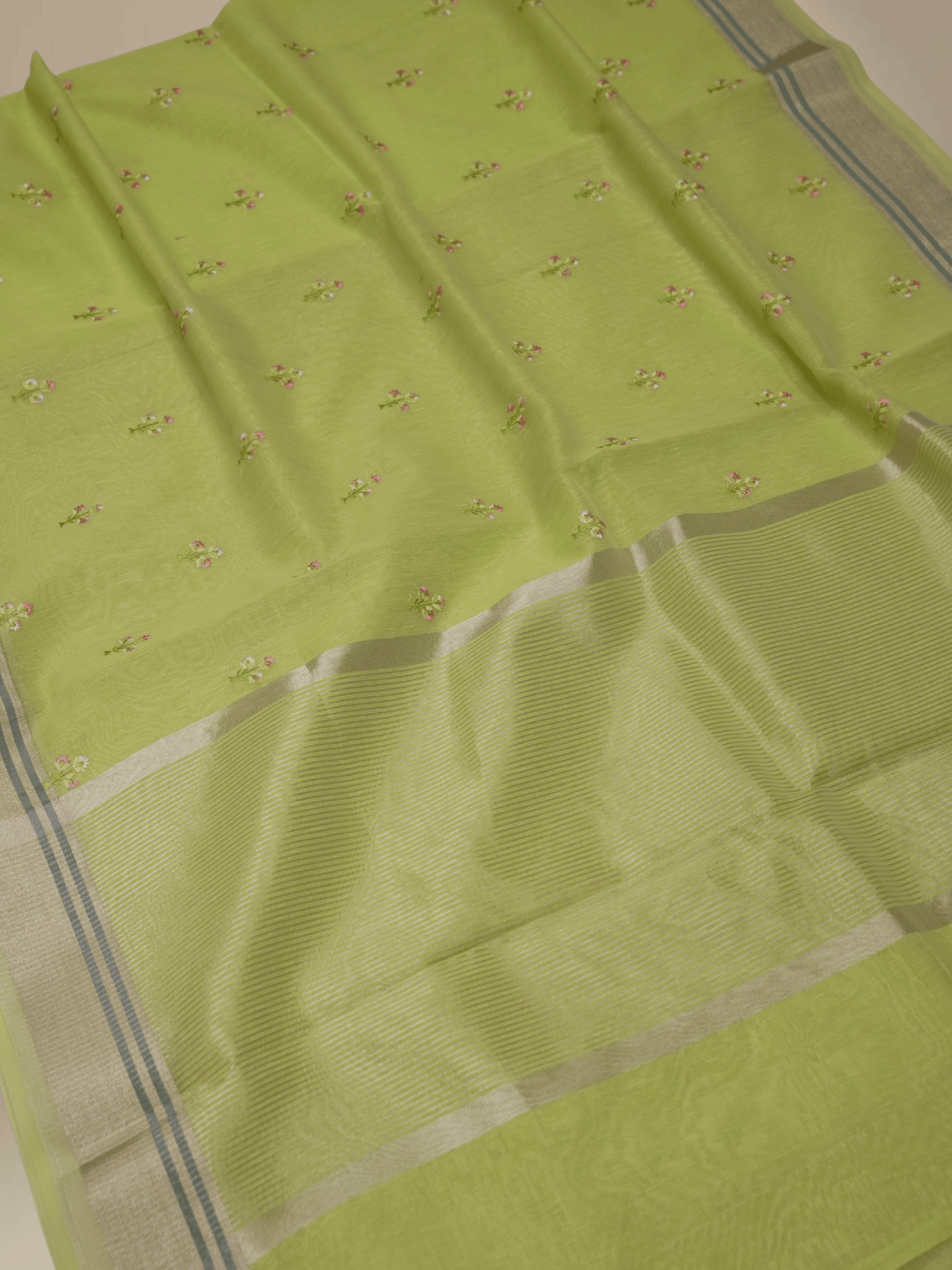 Mehendi Colour Lenin Cotton Fancy Embroidery designs with tissue blouse