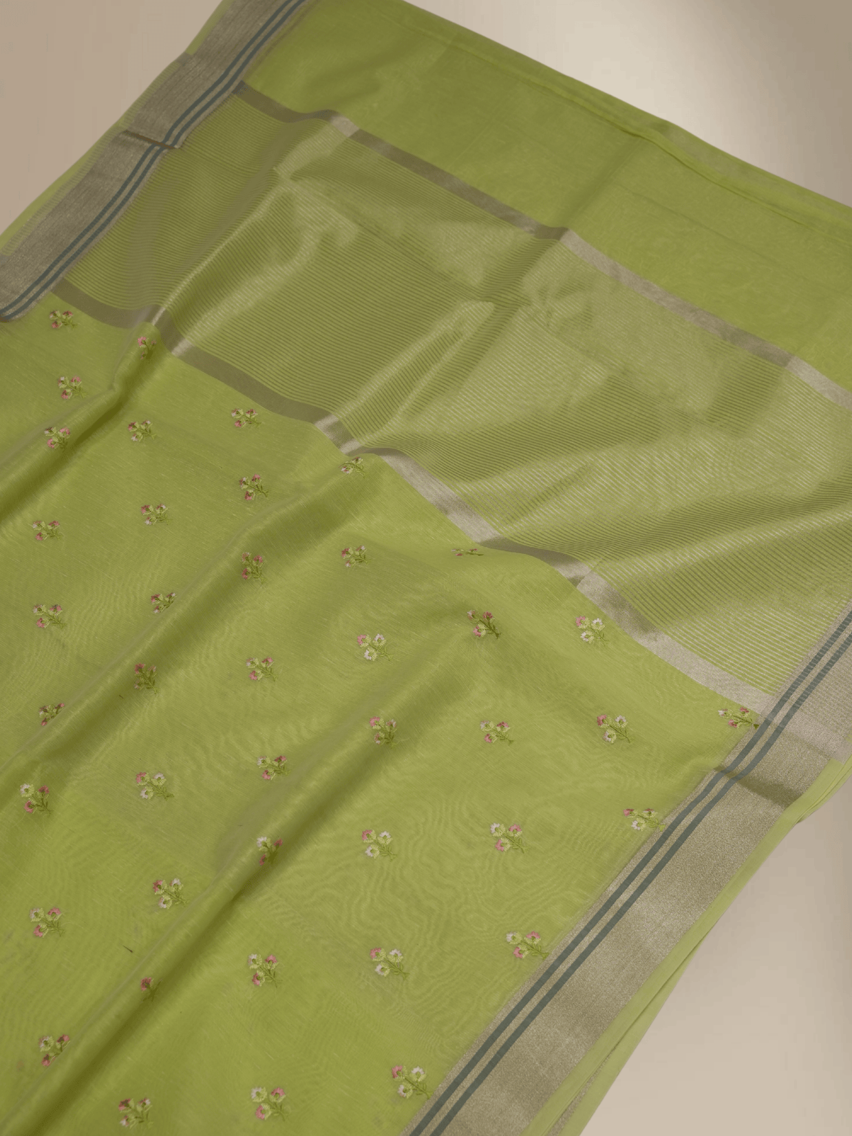 Mehendi Colour Lenin Cotton Fancy Embroidery designs with tissue blouse