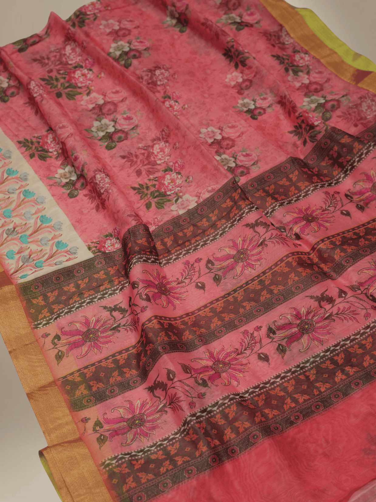 Pink Colour Cotton Digital Print sarees with Skirt Chikankaari work