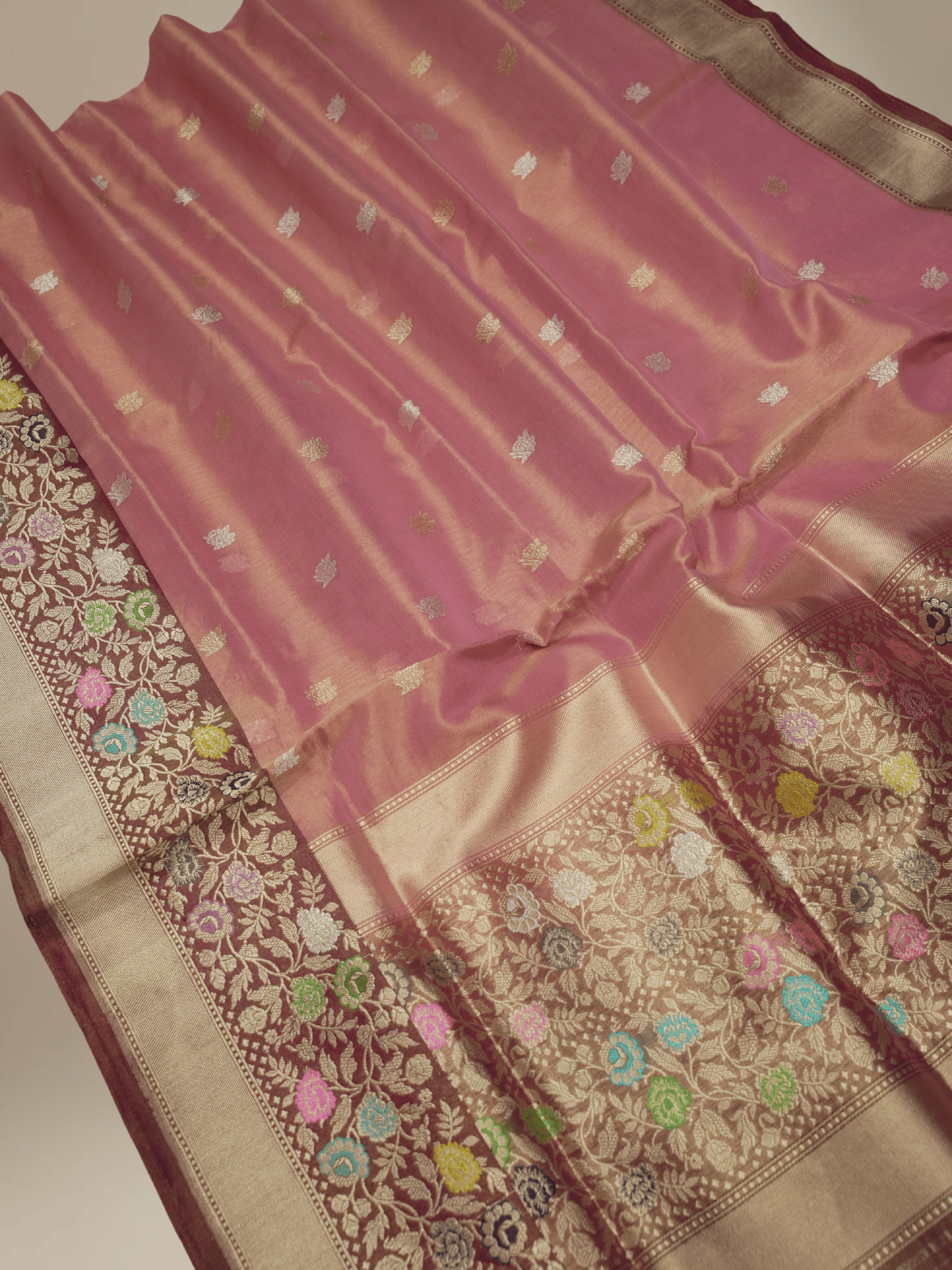 Pink Gold Pure Tissue Silk Ropa Sona Kadiyal Booti Handloom Banarasi sarees