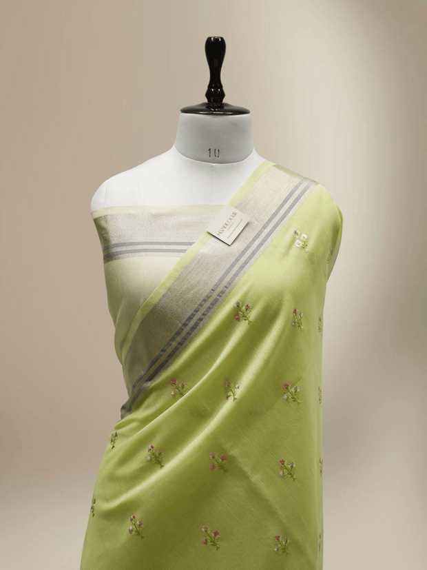 Mehendi Colour Lenin Cotton Fancy Embroidery designs with tissue blouse