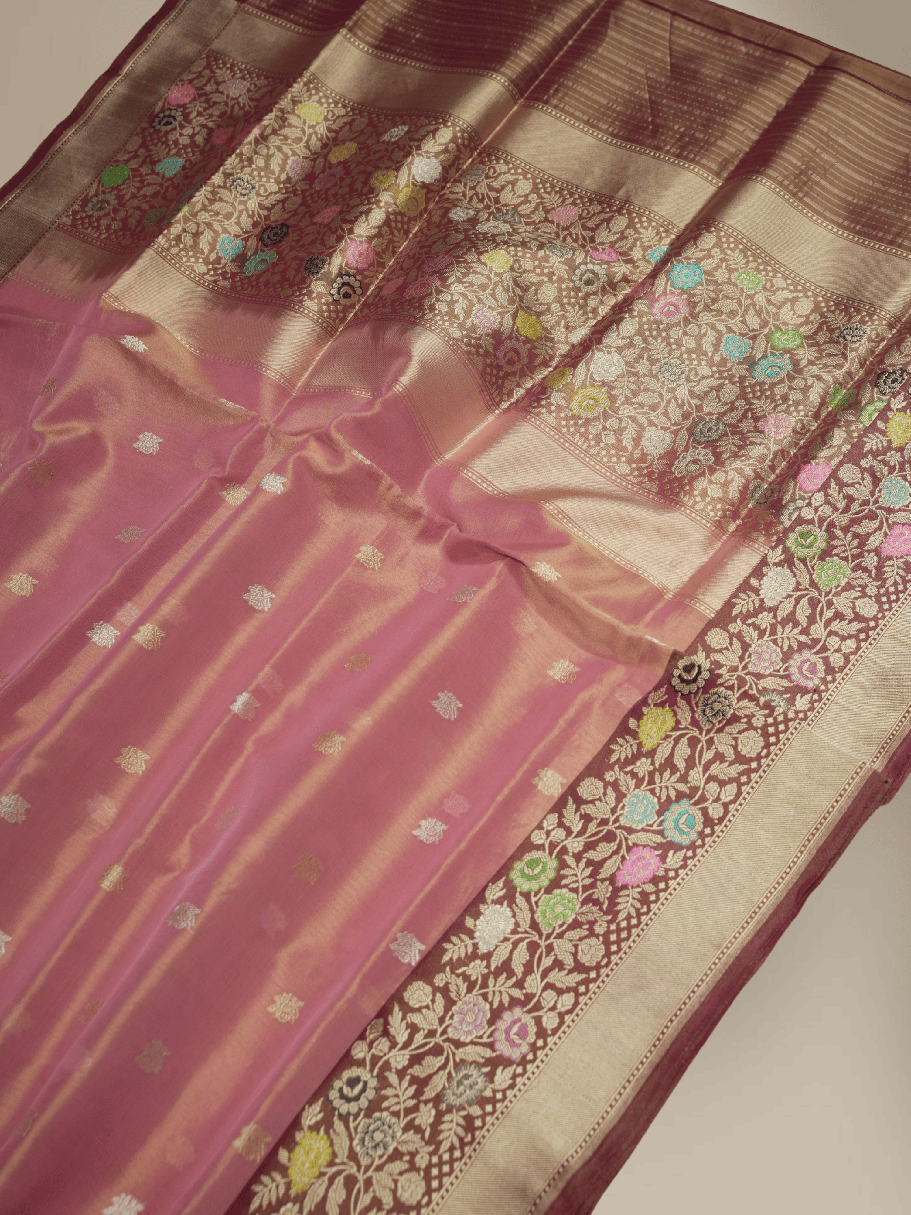 Pink Gold Pure Tissue Silk Ropa Sona Kadiyal Booti Handloom Banarasi sarees