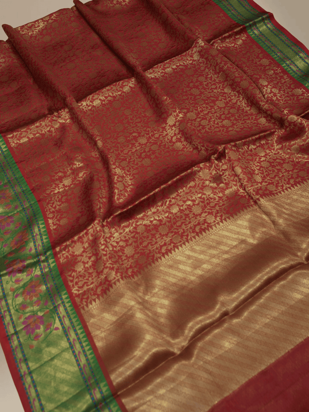 Red Colour Katan Banarasi Silk Broket Tanchui With Green Contrast tilfi Border