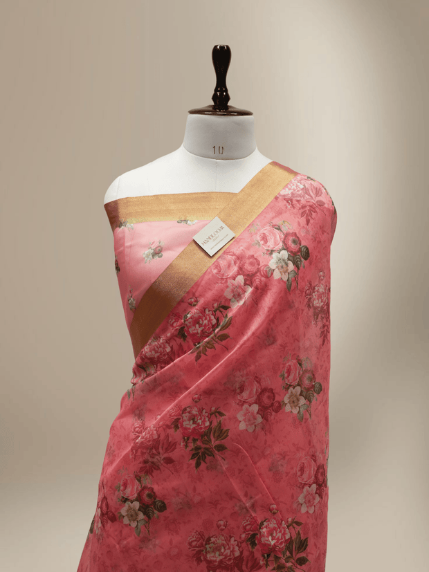 Pink Colour Cotton Digital Print sarees with Skirt Chikankaari work