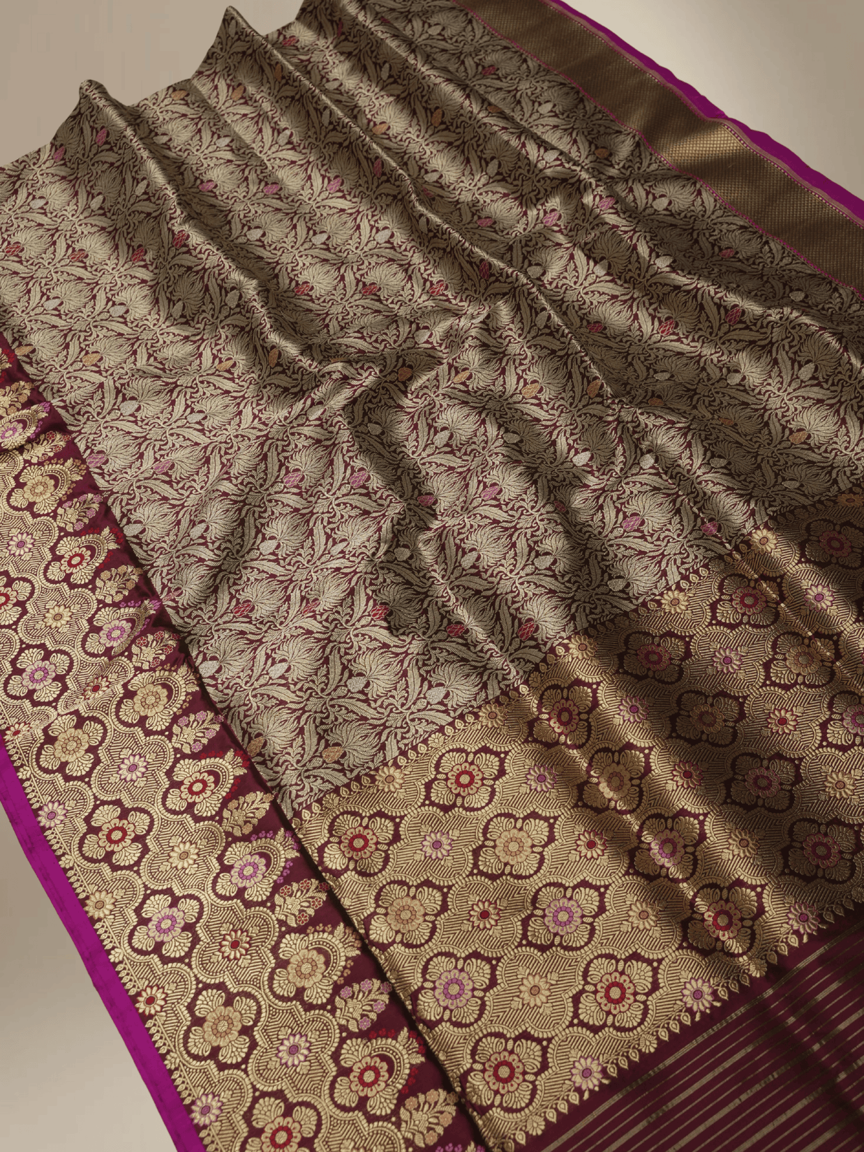 Wine Pure Katan Silk kadiyal Jaal Handloom Banarasi Sarees