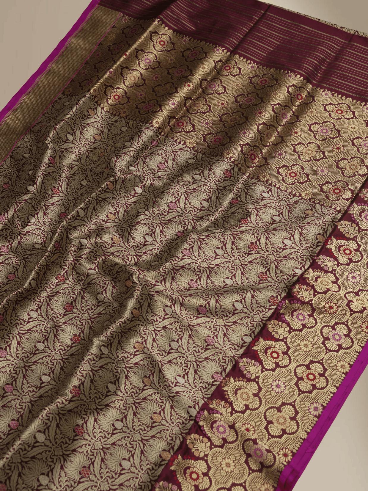 Wine Pure Katan Silk kadiyal Jaal Handloom Banarasi Sarees