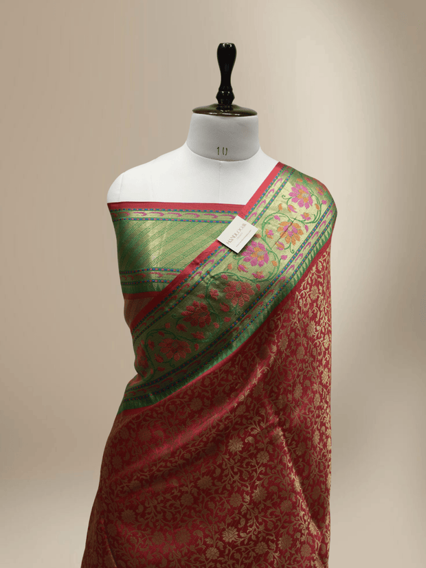 Red Colour Katan Banarasi Silk Broket Tanchui With Green Contrast tilfi Border