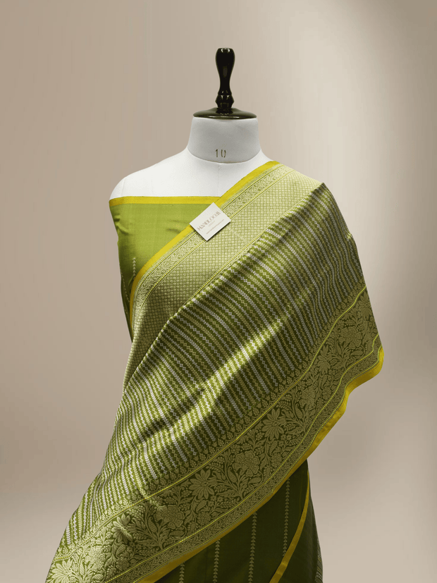 Green Pure Katan Silk Sona Ropa kadiyal Strip Handloom Banarasi Sarees